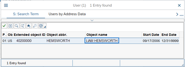 User screen, Search result table with employee name highlighted in Object name colunm