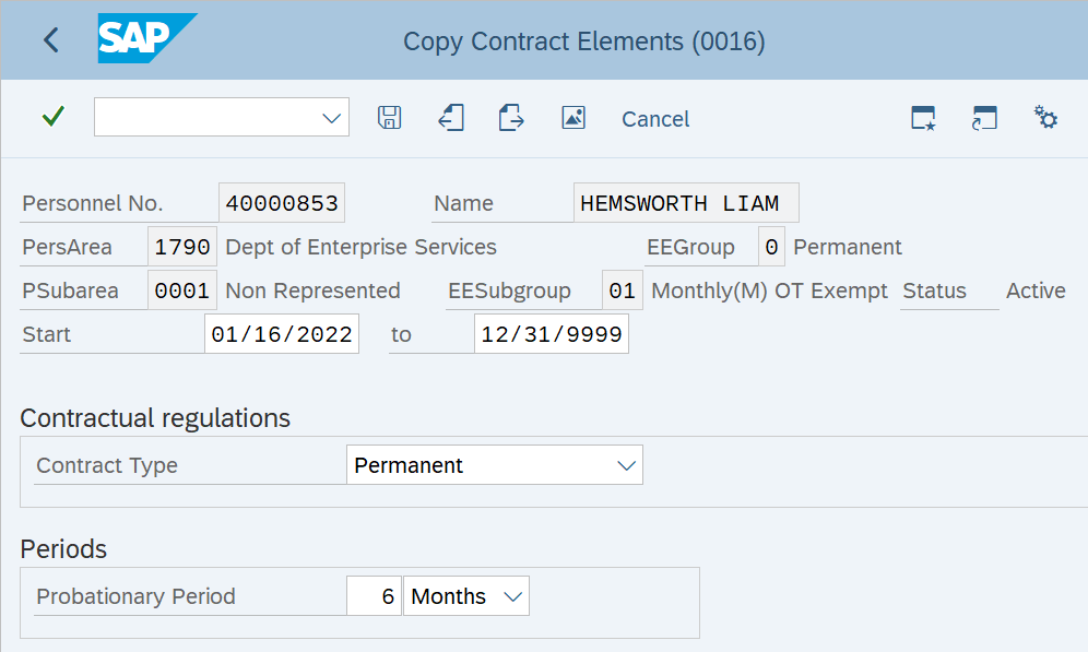  Contract Elements infotype selected.