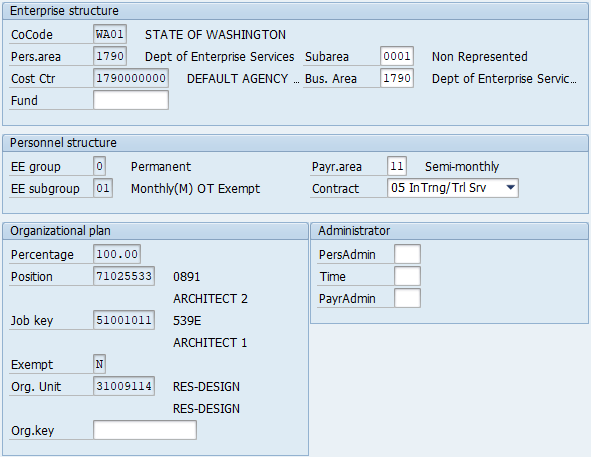 Screenshot of organizational assignment infotype.