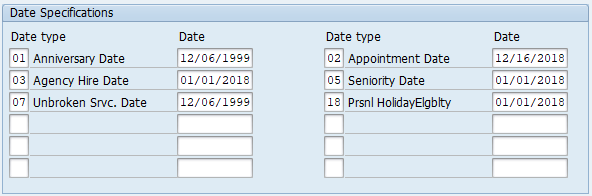 Screenshot of date specifications infotype.