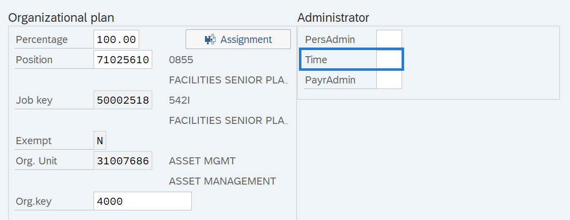 Organizational Assignment infotype Organizational plan Time field selected.