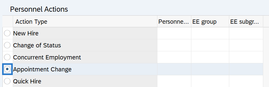 Personnel Actions tab with Appointment Change selected.