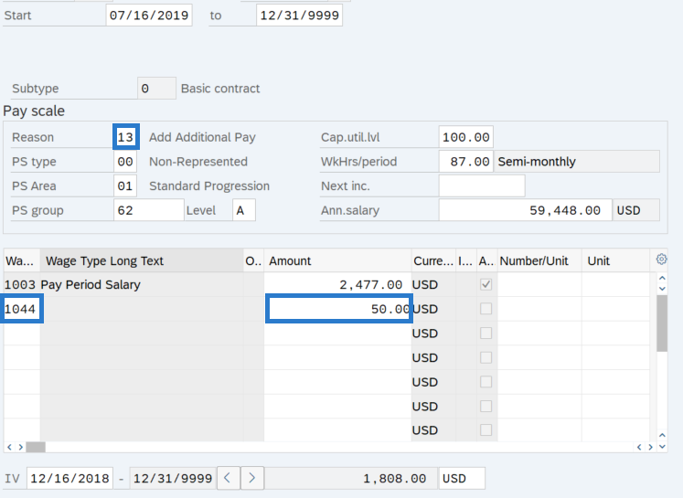 Basic Pay screen with Reason,, Wage Type and Amount selected.