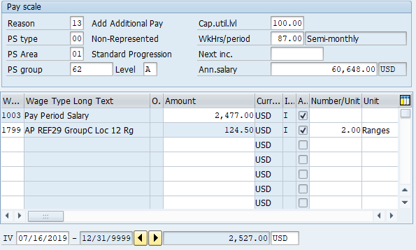 Screenshot of pay scale screen.