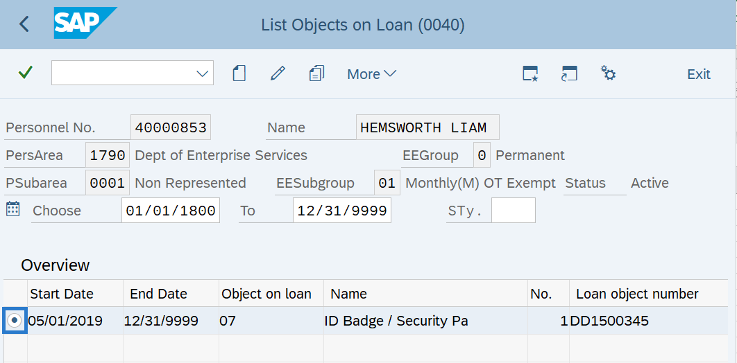 Objects on Loan record to be changed selected.