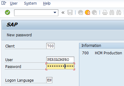 Screenshot of SAP New Password screen.