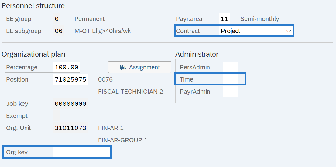 Organizational Assignment Contract, Time and Org.key selected.