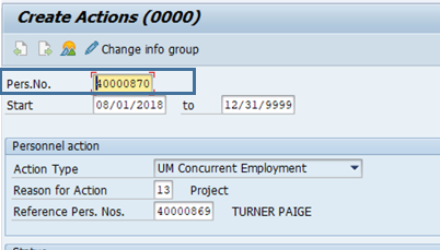 Screenshot of Create Actions screen with new personnel number highlighted.