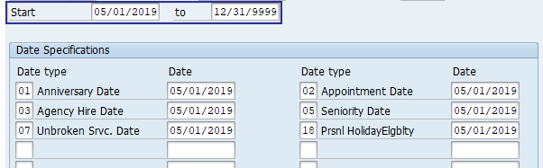 Screenshot of Date Specifications Start and To dates.