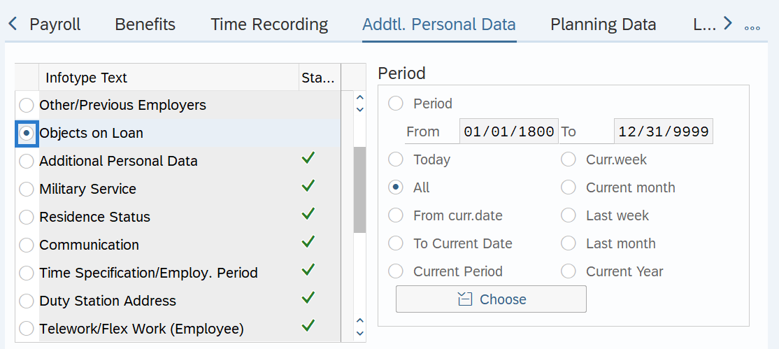Addtl. Personal Data tab with Objects on Loan selected.
