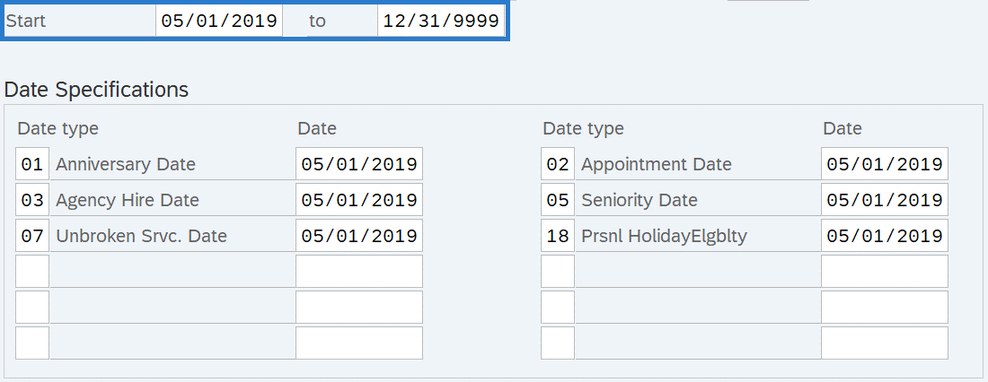 Change Data Specification incorrect record Start and To dates selected.