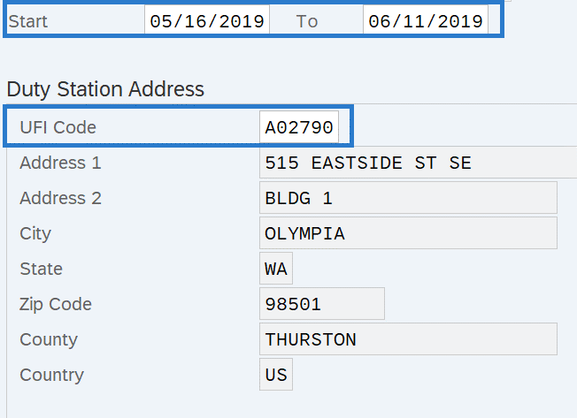 Duty Station Address Start and To dates and UFI Code selected.
