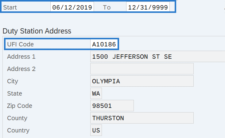 Duty Station Address Start and To dates and UFO Code selected.