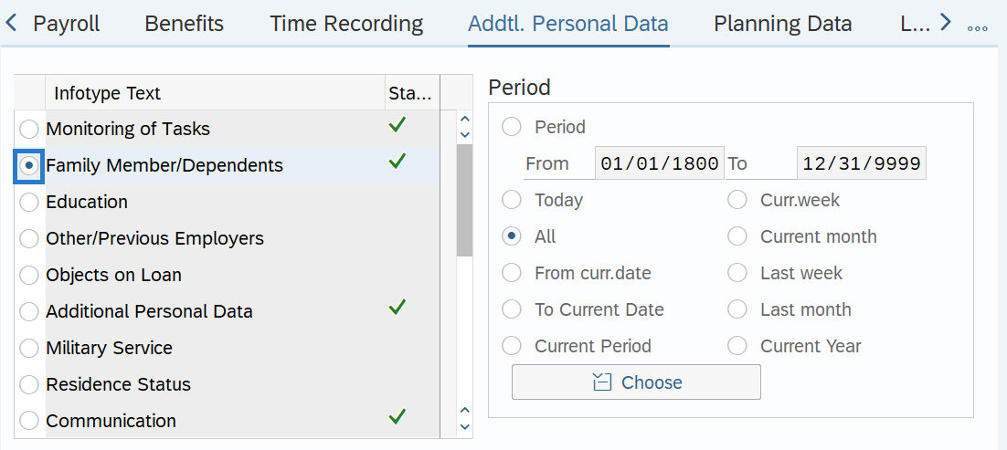 Addtl. Personal Data tab with Family Member/Dependents selected.