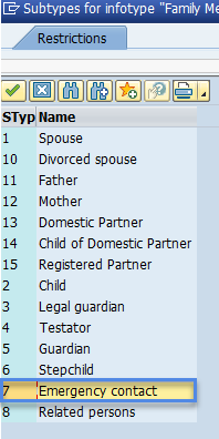 Screenshot of subtypes for family members.