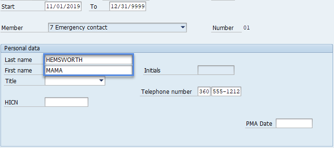 Screenshot of emergency contact information.
