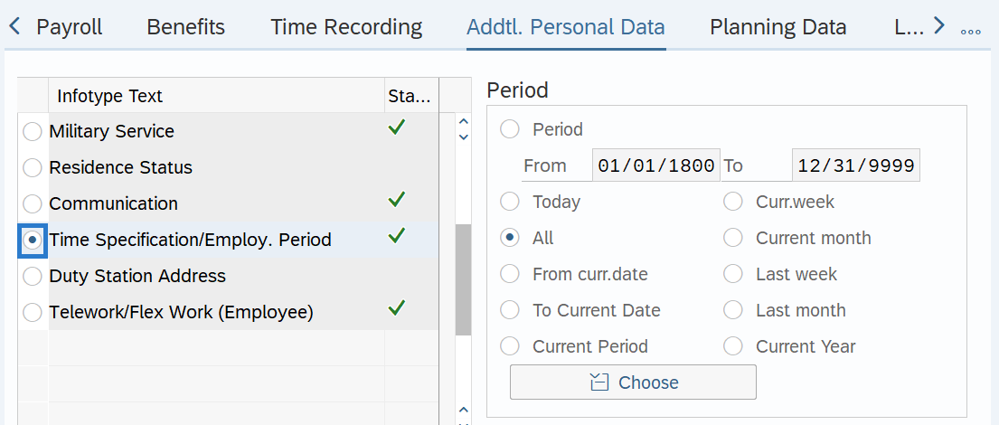 Addtl. Personal Data tab with Time Specification/Employ. Period selected.