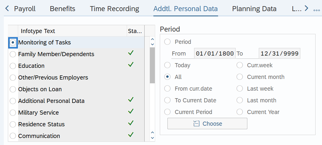 Addtl. Personal Data tab with Monitoring of Tasks selected.