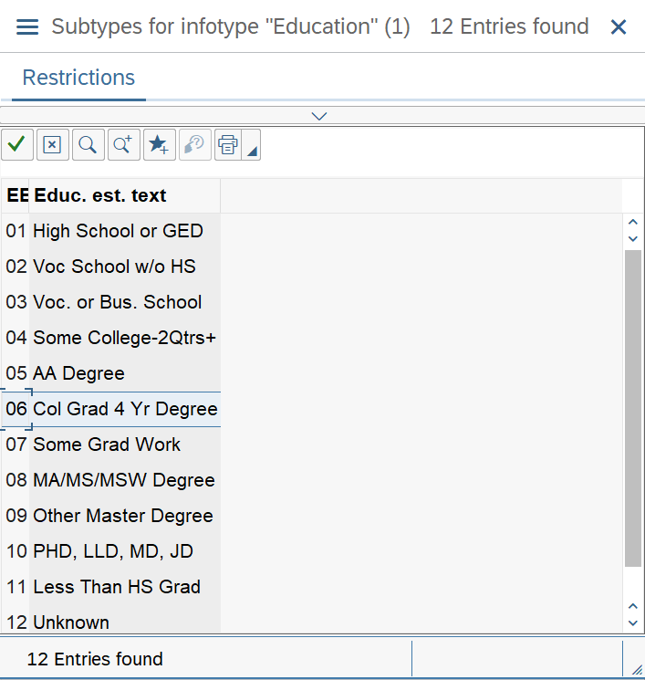 Education infotype subtype selected.