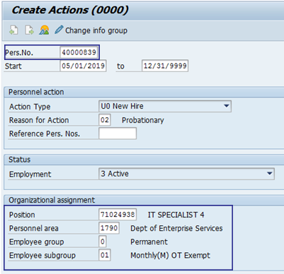 Screenshot of Create Actions infotype screen.