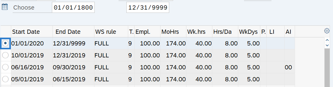 Planned Working time record to correct selected.