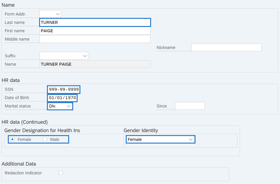  Personal Data infotype fields selected.