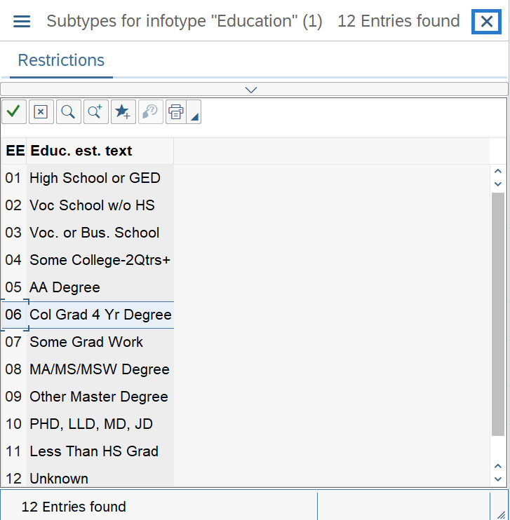 Subtypes for infotype "Education" box selected.