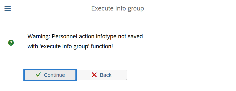 Execute info group warning opo up sselected.