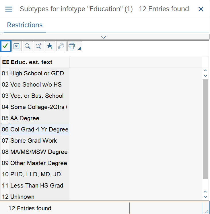Subtype for infotype "Education" selected.