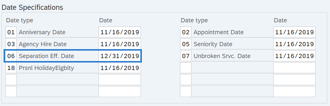 Date Specifications infotype selected.