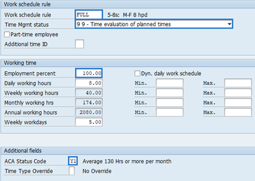 Screenshot of planned working time infotype.