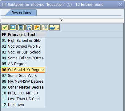 Screenshot of education subtypes screen.