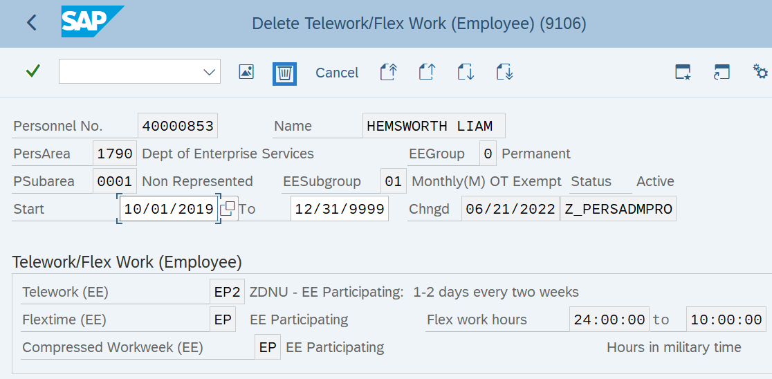 Telework/Flex Work (Employee) delete record selected.
