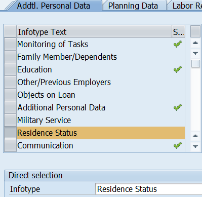 Addltl. Personal Data tab open with Residence Status selected