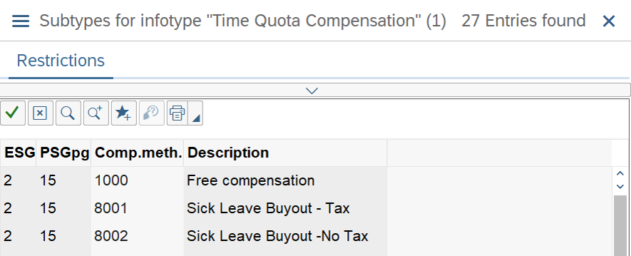 Subtypes for infotype “Time Quota Compensation” window selected..