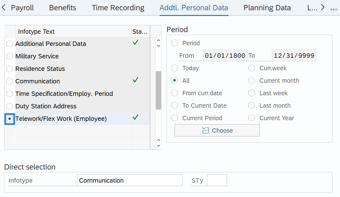 Addtl. Personal Data tab with Telework/Flex Work (Employee) selected.
