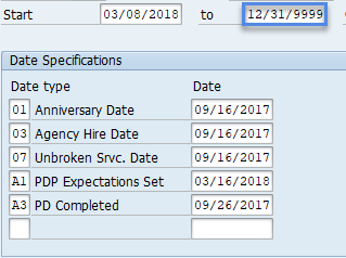 Screenshot of date specification records.