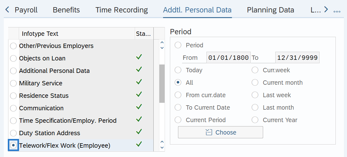 Addtl. Personal Data tab with Telework/Flex Work (Employee) selected.