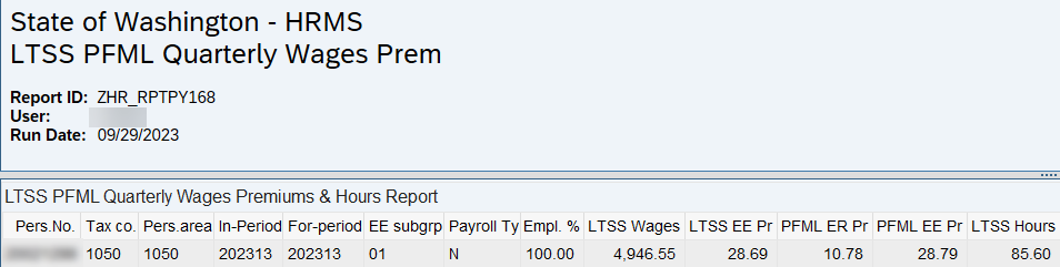 LTSS PFML Quarterly Wages report with Pers No column displayed.