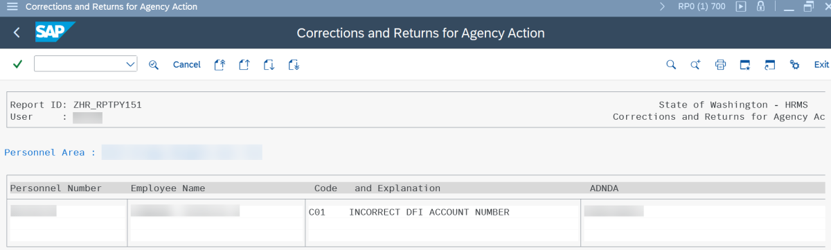 Example results for Corrections and Returns for Agency Action report.