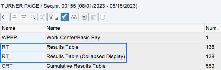 Payroll Results table with row highlighted.