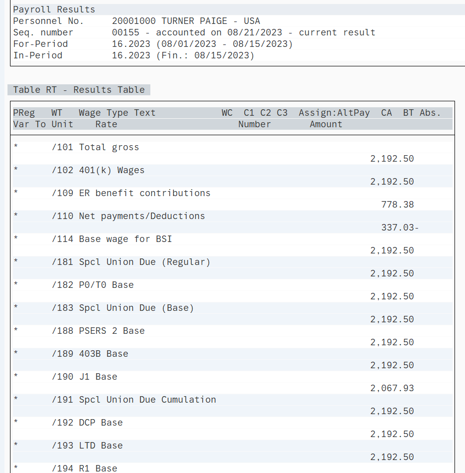 Example Payroll Results Table displayed.