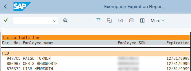 Exemption Expiration Report sample results displayed.