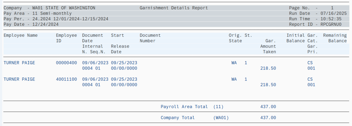 Garnishment Details results displayed.