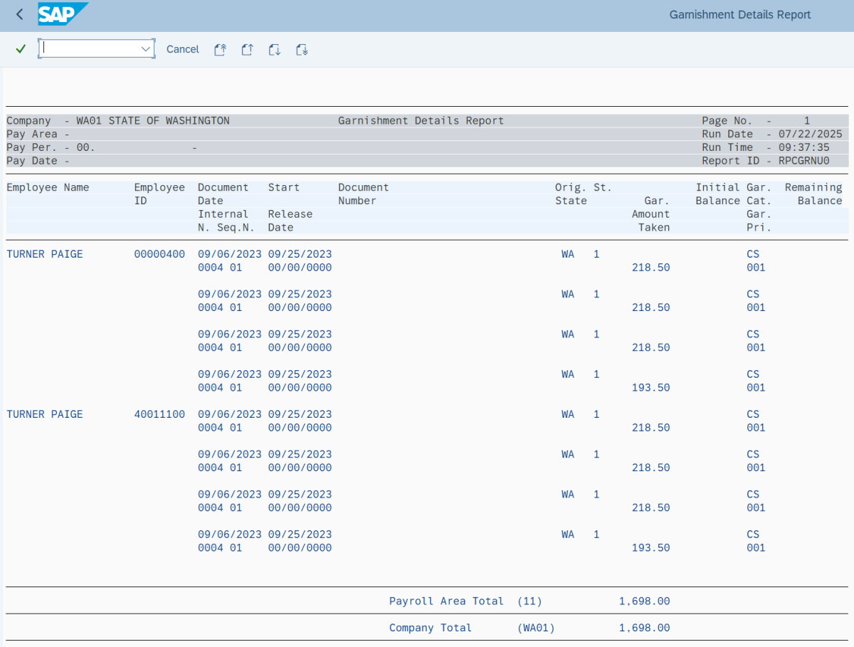 Garnishment report results displayed.