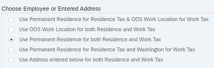 Use Permanent Residence for both Residence and Work Tax radio button selected.