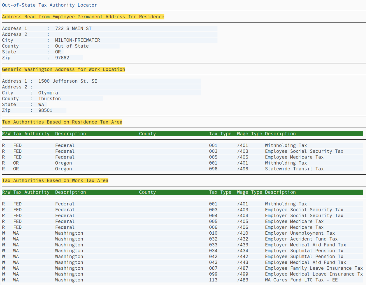 Report results for employee living in Oregon and working in Washington.
