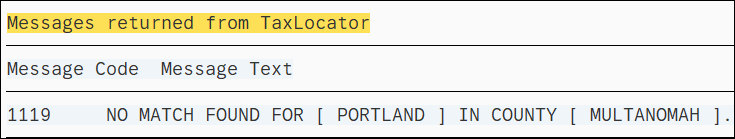 Error message in Messages returned from TaxLocator field selected.