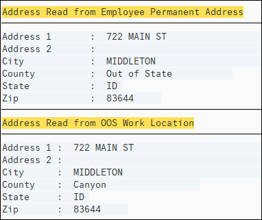 Address Read from Employee Permanent Address field with Idaho address displayed.