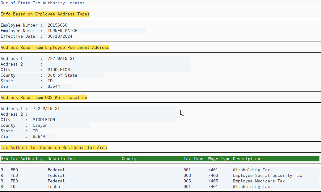 Info Based on Employee Address Types and Address Read fields selected.